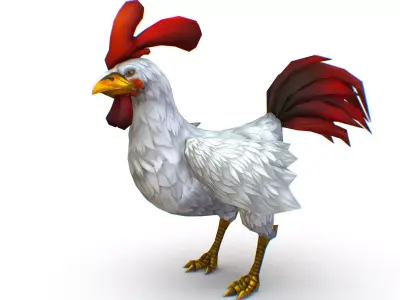 White Rooster With Red Comb And Tail Feathers Low-poly 3D model