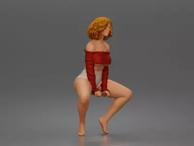 Playful dancer squatting low in offshoulder crop top and shorts 3D print model