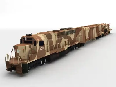 Military US Army Train 3 Cars Locomotive Desert Camouflage Low-poly 3D model