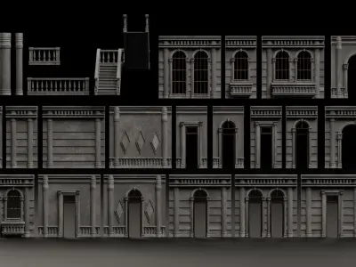 CLASSIC EUROPEAN KITBASH 06 MODULAR BUILDING WITH INTERIOR Low-poly 3D model