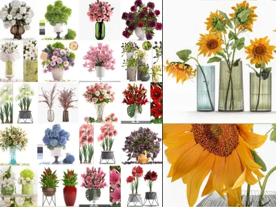 Collection of decorative bouquets of flowers in vases 39 pieces 3D model
