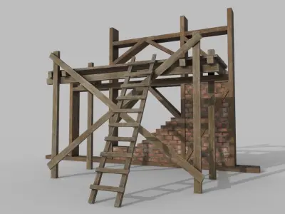 Construction wall and wooden scaffolding Low-poly 3D model