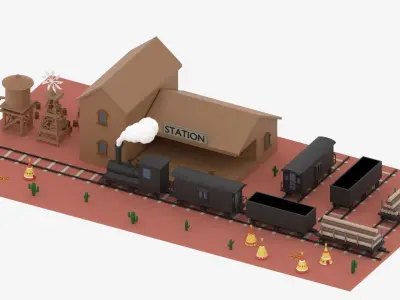 Old Wild West Train and Staion Low-poly 3D model