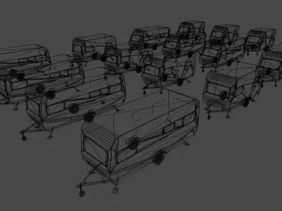 Caravan collection camper trailers in row Low-poly 3D model