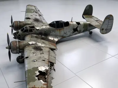 Realistic Wrecked Twin-Engine Bomber 3D Model Low-poly 3D model