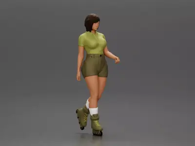 Woman in green outfit gliding smoothly on olive roller skates 3D print model