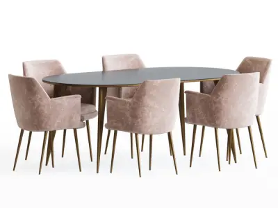 Dining Set two velvet chairs with gold legs 3D model