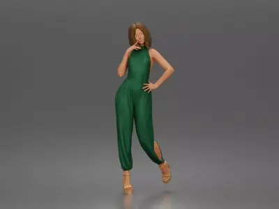 Woman poses lifting heel wearing halter jumpsuit 3D print model