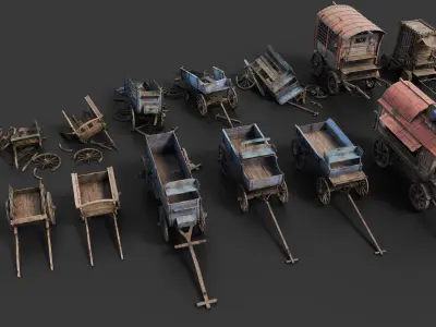 Medieval Wooden Carts and Wagons pack Low-poly 3D model