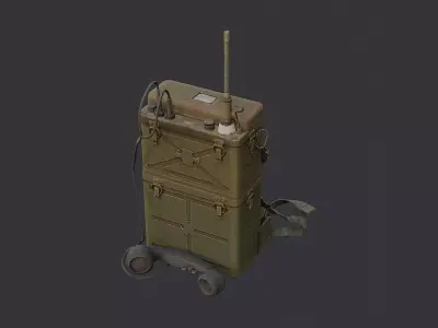 Old Military Radio with Antenna on Wheeled Cart Low-poly 3D model
