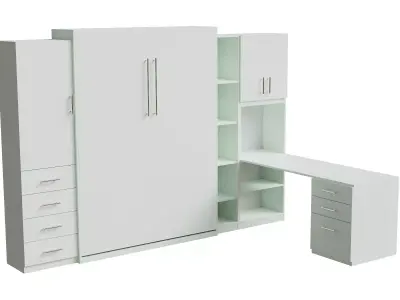 White Desk Cabinet Wall Bed Closed 3D model