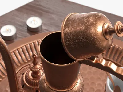 Vintage Arabic Bronze Coffee Service with Candles on Dark Wood Table 3D model