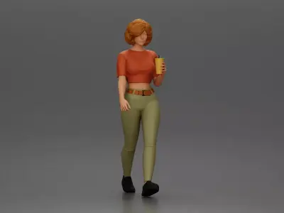 Woman strolls sipping beverage wearing crop top belted pants 3D print model