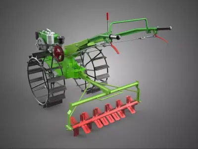 HAND WALKING TRACTOR ROTARY PUDDLER PUDDLING MUD RICE FARMING 3D model