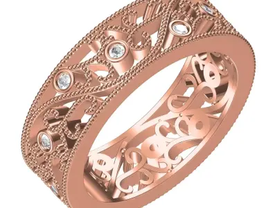Antique Bezel Set Diamond and Art Deco Wedding Band 3D print model