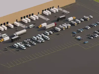 WAREHOUSE MODEL with trucks parked in parking lot 3D model