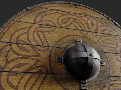 Slavic round wooden shield-painted yellow with nordic symbol Low-poly 3D model