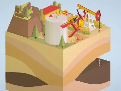 Isometric oil field extracting crude oil Low-poly 3D model