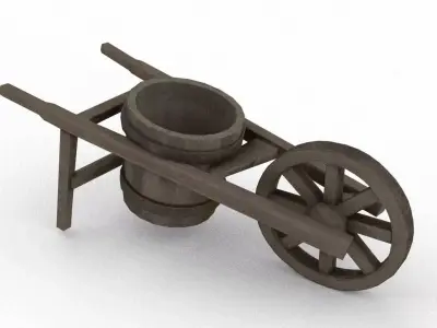 Traditional Chinese wooden wheelbarrow equipped with a bucket Low-poly 3D model