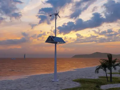 Animated Wind Turbine with solar panels Low-poly 3D model