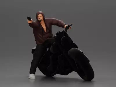 Hooded gangster man sits on motorcycle aiming a pistol 3D print model