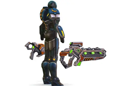Low Poly Cyborg Soldier with Automatic Rifle and Pistol 3dsMax  Low-poly 3D model