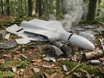 A downed Shahed drone on the ground with its internal components 3D Model Pack