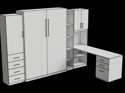 White Desk Cabinet Wall Bed Closed 3D model