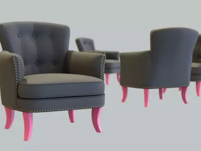 Vintage Chair Charcoal Linen Upholstery BlushPink Wood Legs 3D model