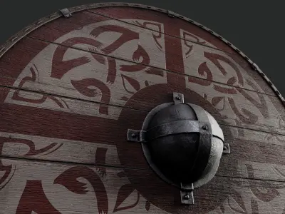 Slavic round wooden shield-painted red and white with  symbol Low-poly 3D model