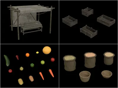 LowPoly Medieval Vegetable and Fruit Stall Low-poly 3D model