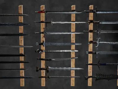 30 Fantasy Sword Models For Games with Textures Low-poly 3D model