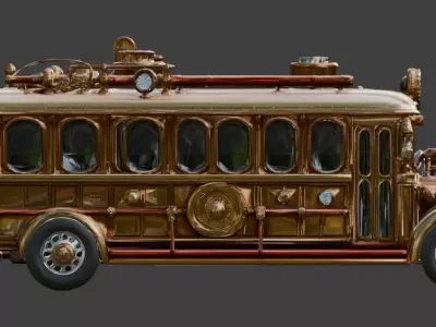 Stylized 3D Steampunk Vintage Passenger Bus Low-poly 3D model