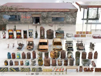 Post-Apocalyptic Junkyard Rusty Gas Station Props Pack  Low-poly 3D model