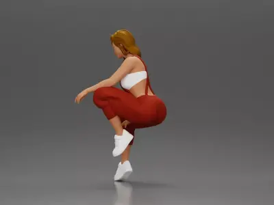 Street dancer in red overalls sitting stylishly on parked car 3D print model