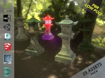 Stone Lantern Pack Low-poly 3D model