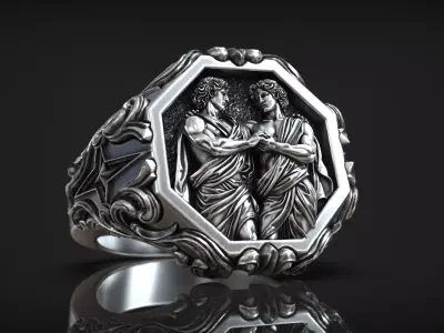 Gemini Zodiac Sign Ring Antique Sculpture Signet 3D print model