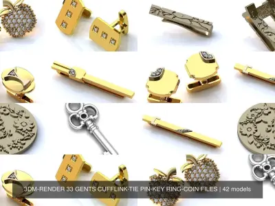 3DM-RENDER 42 GENTS CUFFLINK-TIE PIN-KEY RING-COIN FILES 3D Model Pack