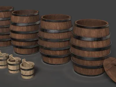 Barrels And Buckets  Free low-poly 3D model