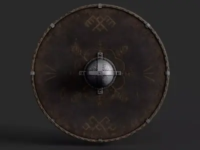 Slavic round leather shield-painted black with pagan symbol Low-poly 3D model