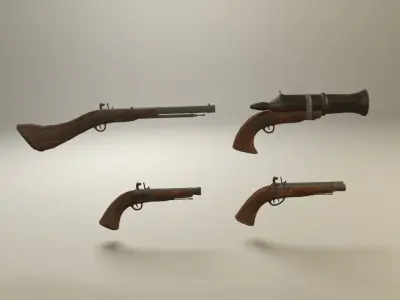 Flintlock pirate guns and shotguns and hand cannons collection Low-poly 3D model