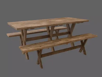 Medieval Style Table and Benches Low-poly 3D model