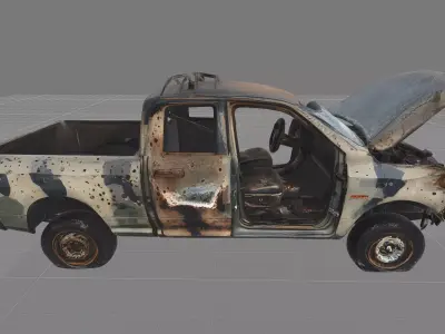 Destroyed Military Pickup Truck  PBR Game Ready Low-poly 3D model
