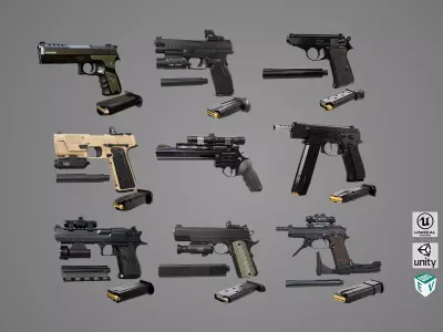 9 pistol Rigged Collection 02 All PBR Unity UE Textures 3D Model Pack