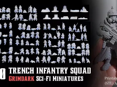 120 Grimdark Sci-Fi Miniatures - TRENCH INFANTRY SQUAD 3D print model