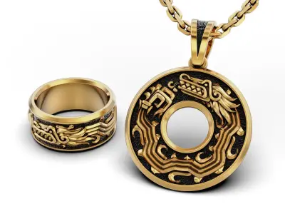 Aztec Quetzalcoatl Dragon Ring and Pendant 3D Model Pack