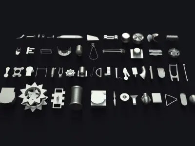 Kitbash metal tools arranged Low-poly 3D model