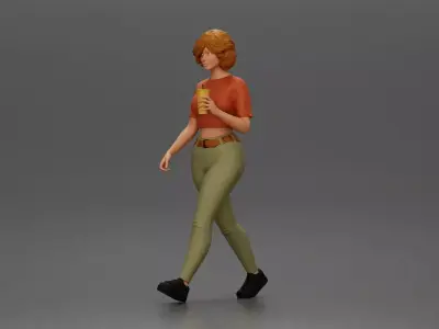 Woman strolls sipping beverage wearing crop top belted pants 3D print model