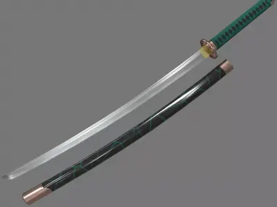 PBR Katana Japanese Sword Green Low-poly 3D model