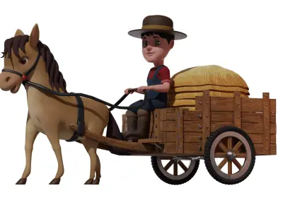 Stylized Cartoon Horse Wagon or Cart Low-poly 3D model